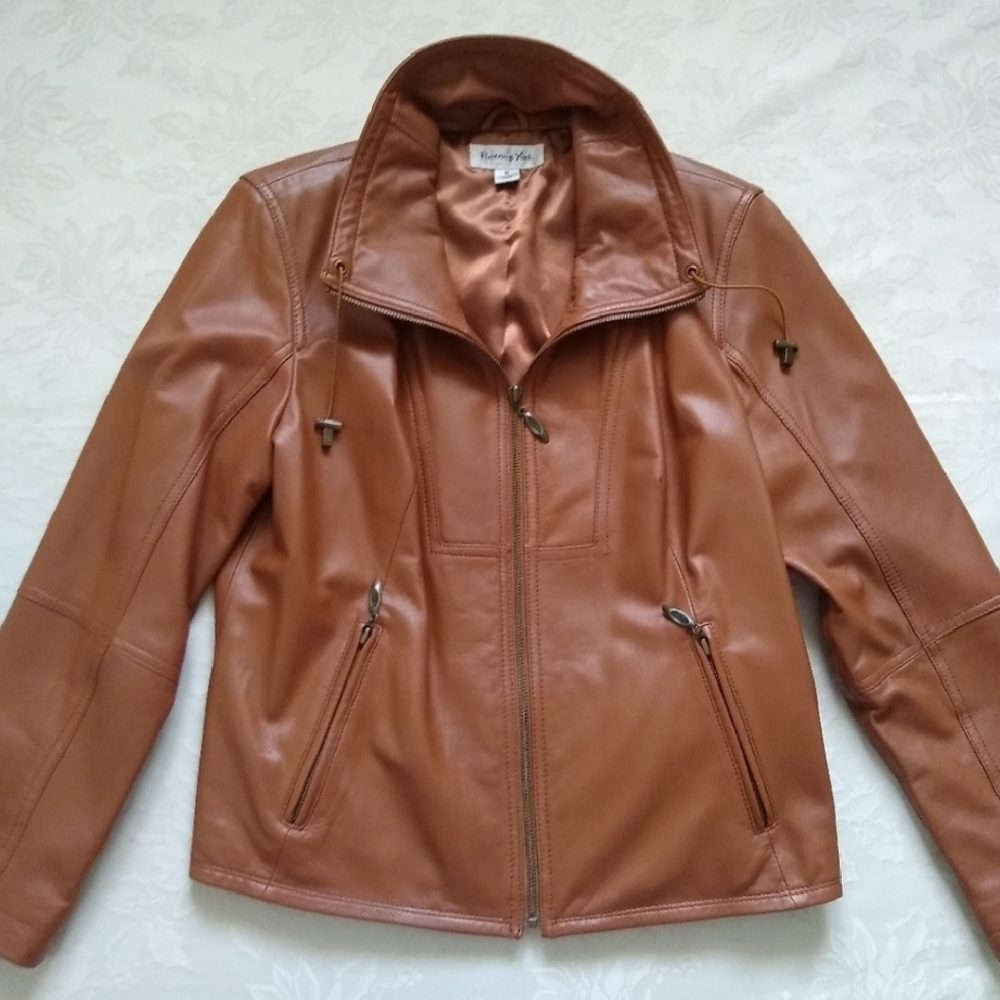 Lambskin leather zip front high collar drawcord moto jacket Trench cognac-color